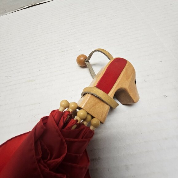 Vintage Child Kid Boy Girl Totes Umbrella Wood Wooden Dog Puppy Head Handle Red - Picture 6 of 13